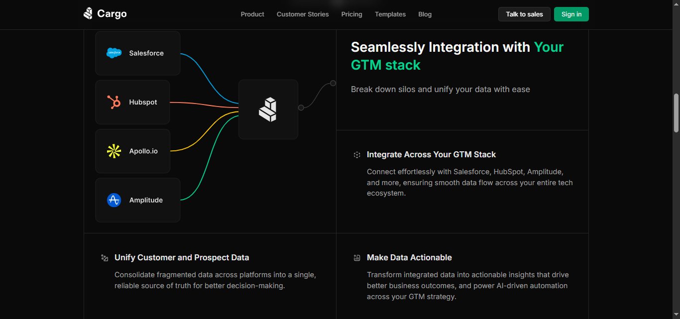 Interface showing integration of Cargo with GTM stack, including Salesforce, Hubspot, Apollo.io, and Amplitude.