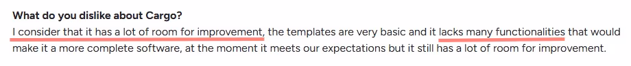 Text describing a criticism of Cargo software, highlighting its basic templates and lack of functionality.