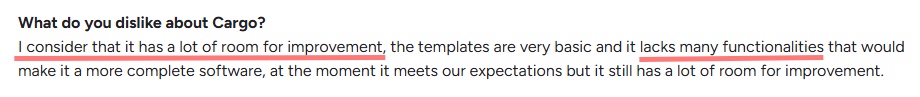 Text describing a criticism of Cargo software, highlighting its basic templates and lack of functionality.