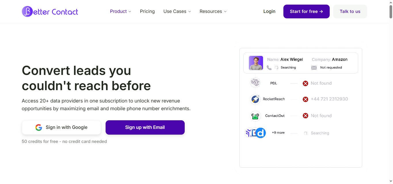 Better Contact website landing page displaying contact information enrichment.