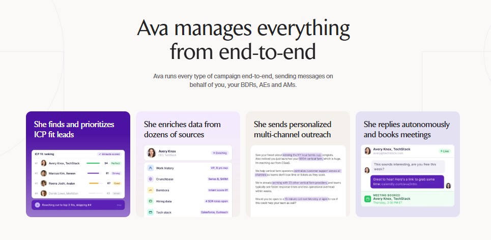 Ava manages the entire sales process, from lead generation to meeting booking.
