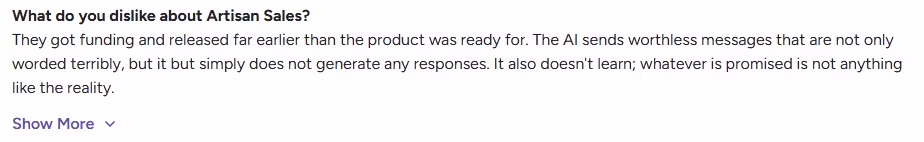 Customer feedback about Artisan Sales not meeting expectations.