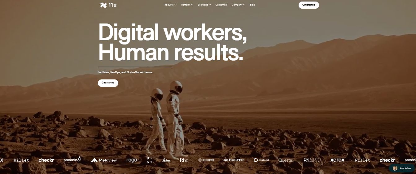 Two astronauts walking in a desert landscape with the 11x logo.