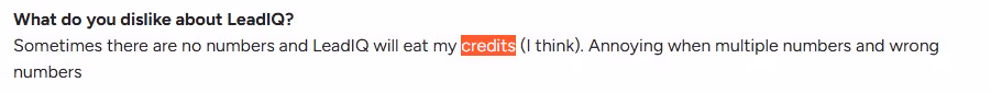 Screenshot of LeadIQ interface showing "credits" being consumed by incorrect phone number results.