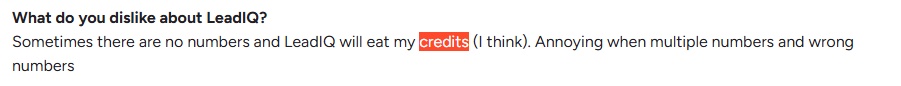 Screenshot of LeadIQ interface showing "credits" being consumed by incorrect phone number results.