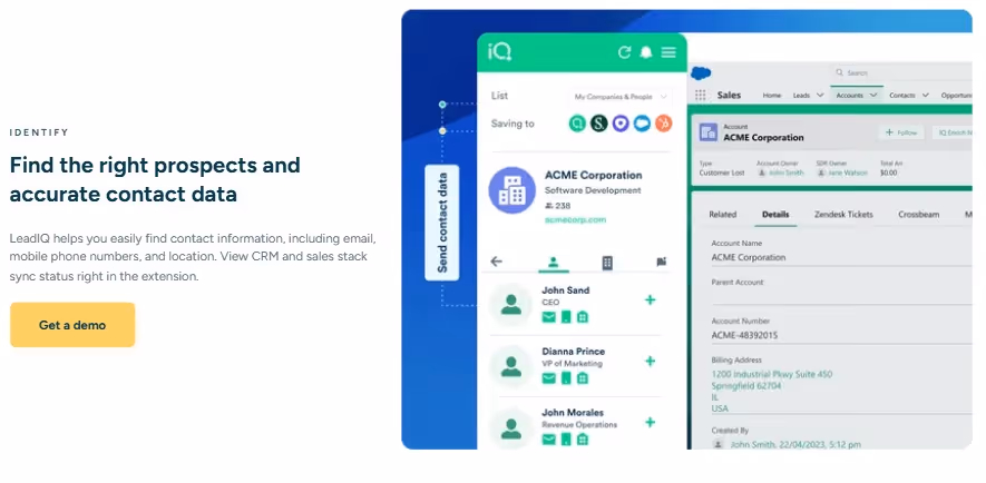 Screenshot of LeadIQ website showcasing "Find the right prospects and accurate contact data" with an illustration of the extension's interface