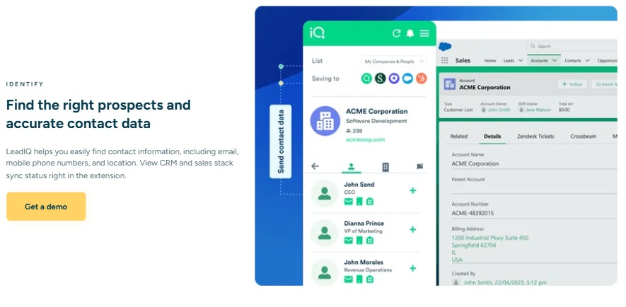 Screenshot of LeadIQ website showcasing "Find the right prospects and accurate contact data" with an illustration of the extension's interface