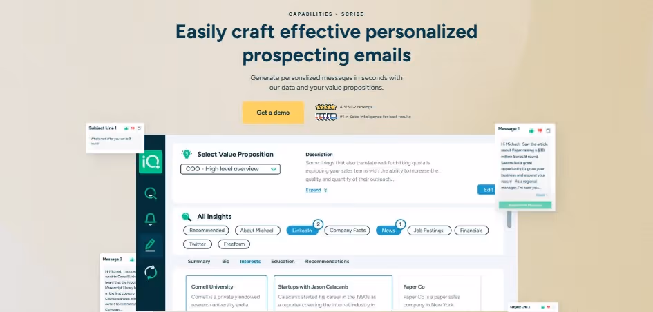 Screenshot of LeadIQ website showcasing "Easily craft effective personalized prospecting emails" with an illustration of the Scribe feature
