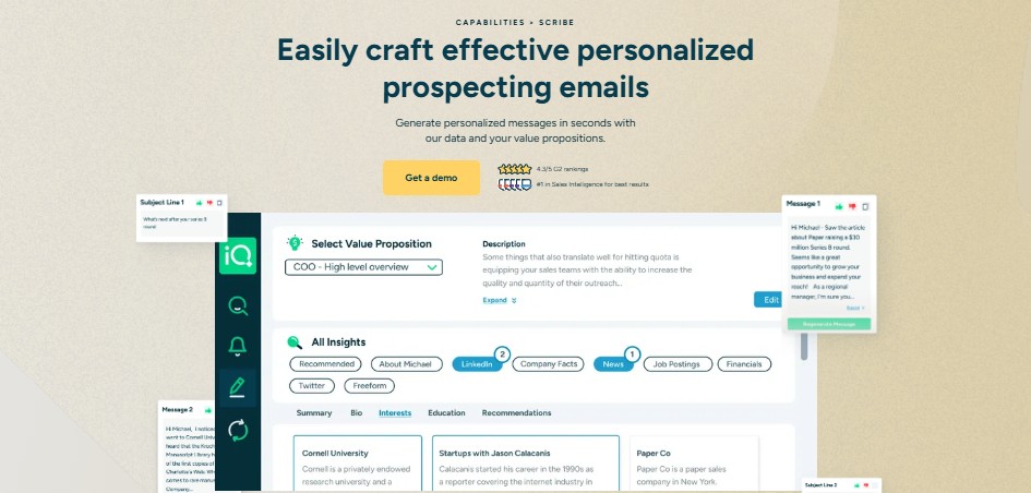 Screenshot of LeadIQ website showcasing "Easily craft effective personalized prospecting emails" with an illustration of the Scribe feature