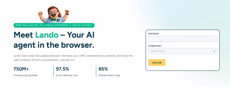 Screenshot of LeadIQ website introducing "Meet Lando - Your AI agent in the browser" with statistics on professional profiles, email delivery rate, and mobile match rate