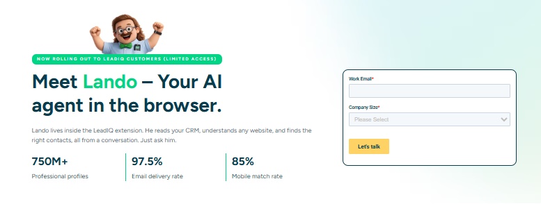 Screenshot of LeadIQ website introducing "Meet Lando - Your AI agent in the browser" with statistics on professional profiles, email delivery rate, and mobile match rate