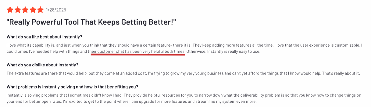 Positive review of Instanty, highlighting its capability, features, and customer support.