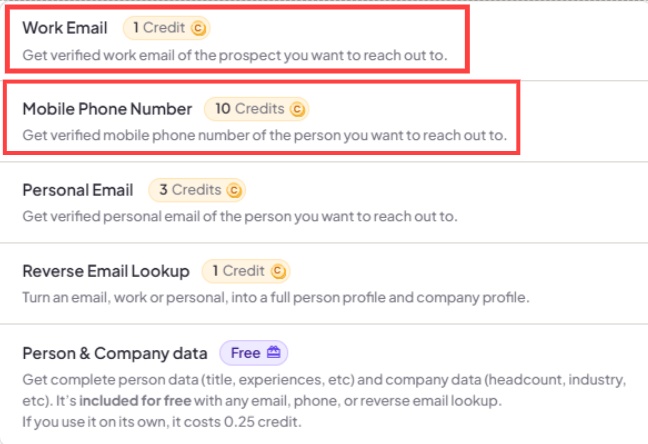 Screenshot of different data enrichment services with their credit costs.