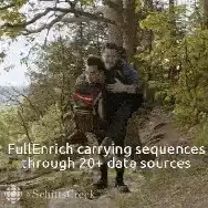 Two men hiking, one carrying the other on his back, with text "FullEnrich carrying sequences through 20+ data sources"