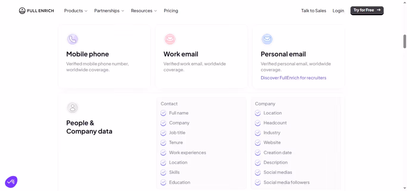 Website showing "Mobile phone", "Work email", and "Personal email" as data points, alongside "People & Company data" with attributes like "Full name", "Company", "Job title", "Tenure", "Work experiences", "Location", "Skills", and "Education".