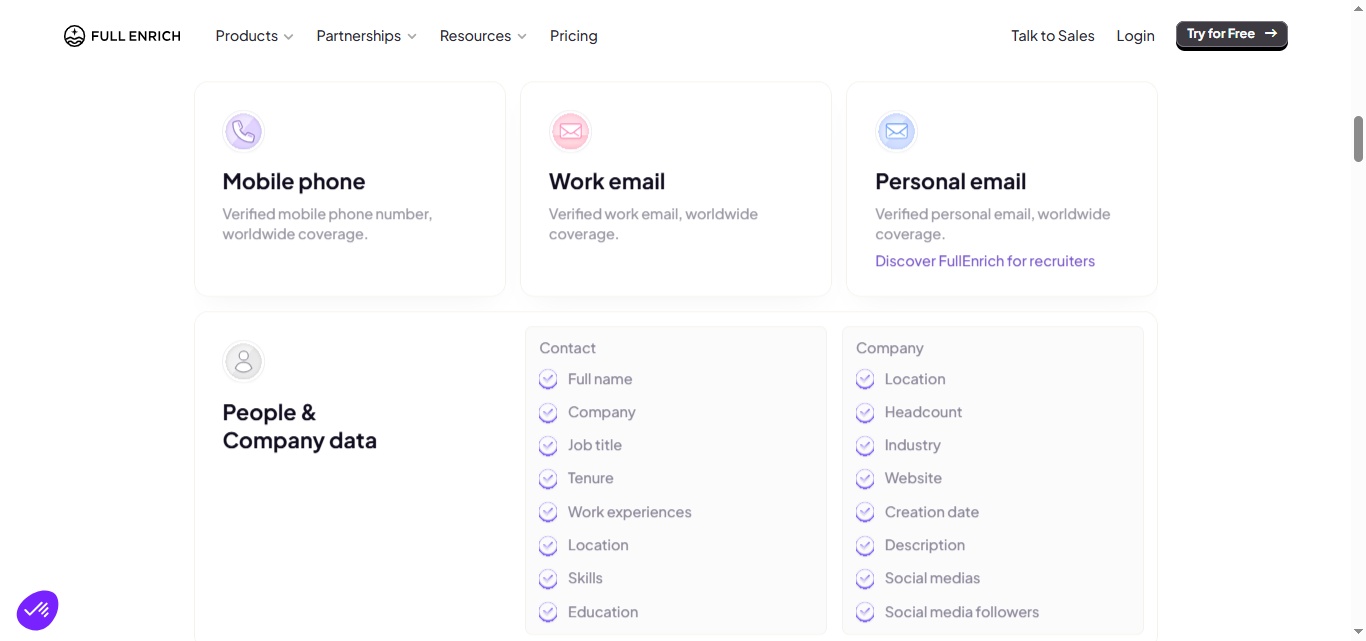 Website showing "Mobile phone", "Work email", and "Personal email" as data points, alongside "People & Company data" with attributes like "Full name", "Company", "Job title", "Tenure", "Work experiences", "Location", "Skills", and "Education".