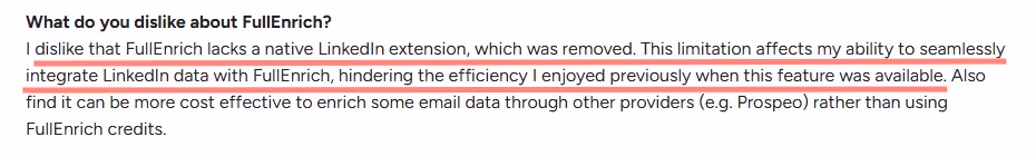 Text box with the question "What do you dislike about FullEnrich?" followed by a paragraph discussing the lack of a native LinkedIn extension and cost-effectiveness compared to other providers