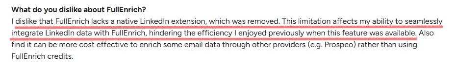  Text box with the question "What do you dislike about FullEnrich?" followed by a paragraph discussing the lack of a native LinkedIn extension and cost-effectiveness compared to other providers