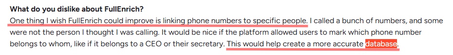 Text box with the question "What do you dislike about FullEnrich?" followed by a paragraph suggesting improvements for linking phone numbers to specific people for a more accurate database.