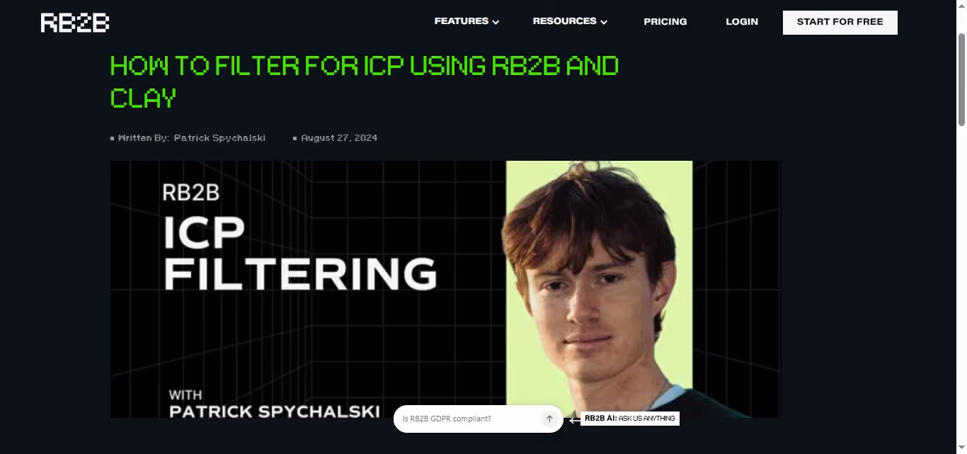 Screenshot of RB2B website with the title "HOW TO FILTER FOR ICP USING RB2B AND CLAY" and a picture of a young man 