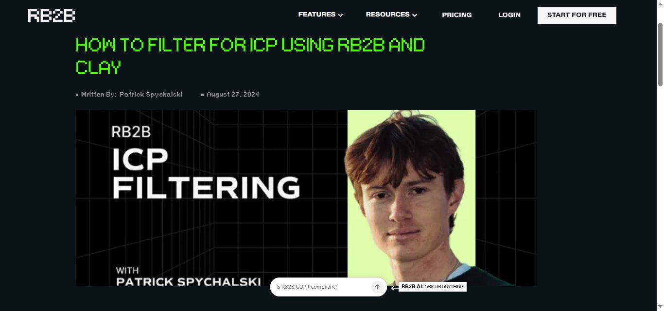 Screenshot of RB2B website with the title "HOW TO FILTER FOR ICP USING RB2B AND CLAY" and a picture of a young man