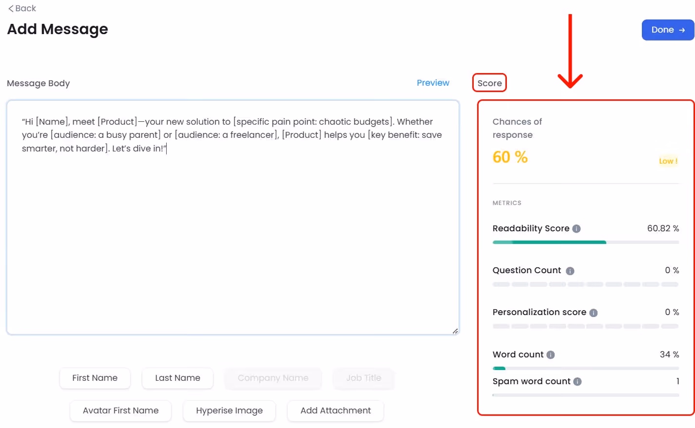The score section of the add message screen, where you can preview the AI analysis of your message's effectiveness.