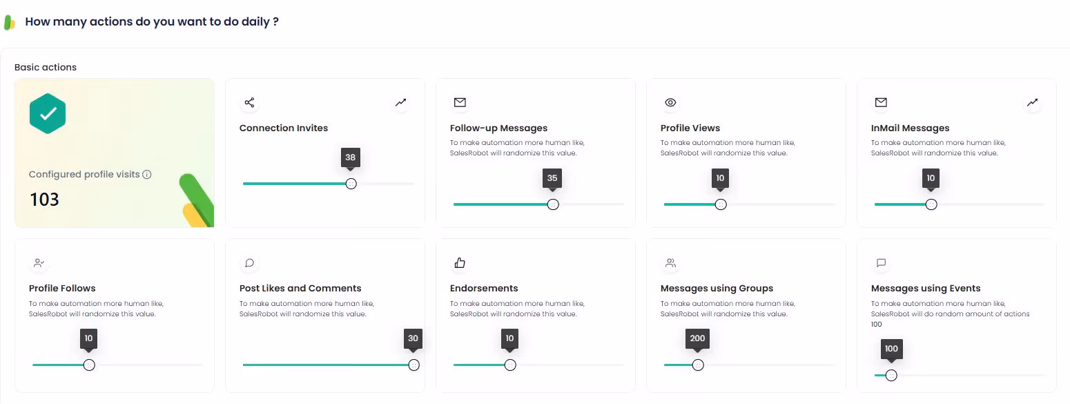 Dashboard view of daily action limits and configured profile visits.