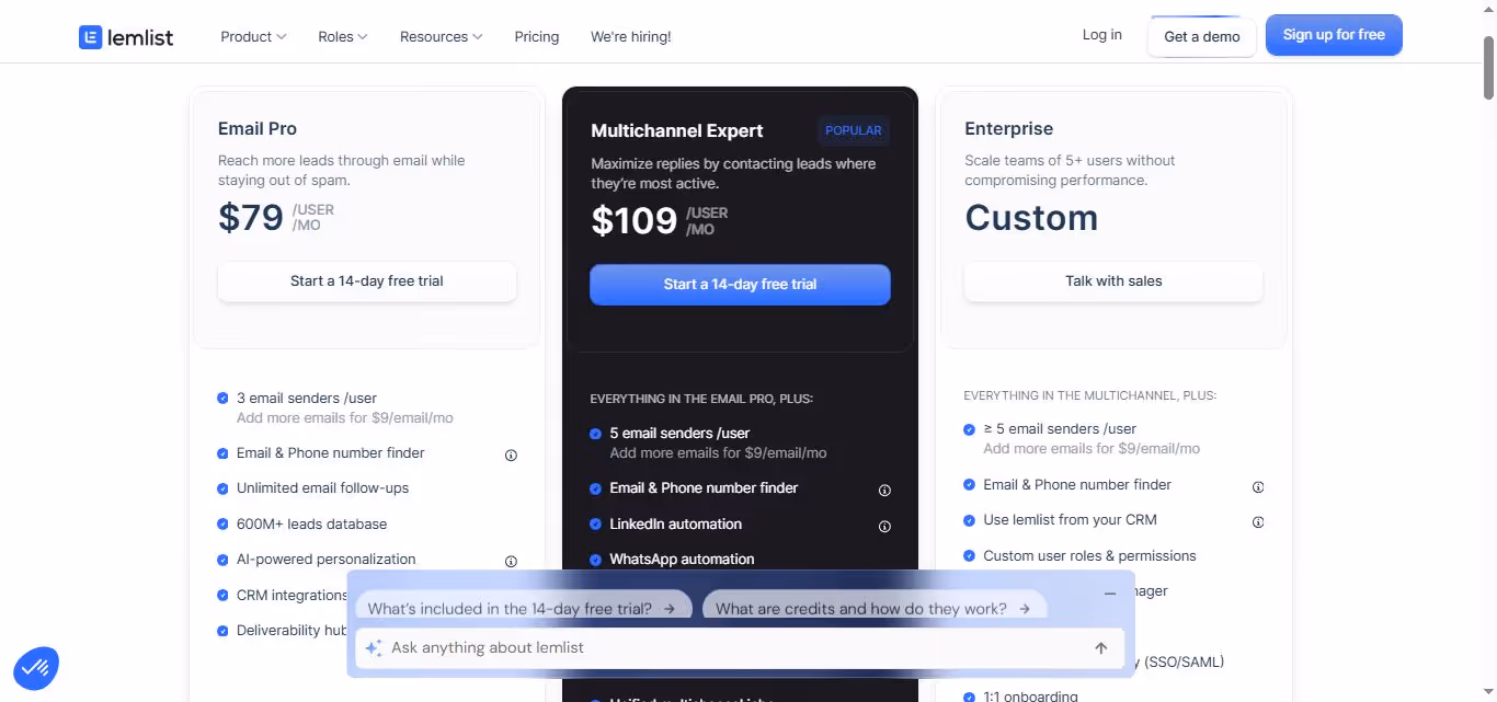 Comparison of pricing plans for lemlist, showing options for Pro, Multichannel Expert, and Enterprise.