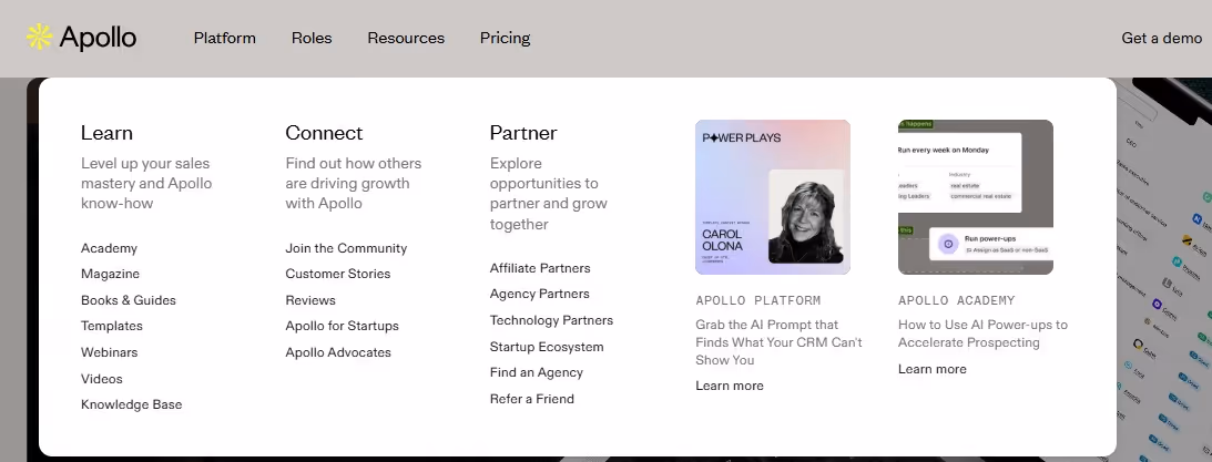 Apollo platform, connect, partner, and resources.