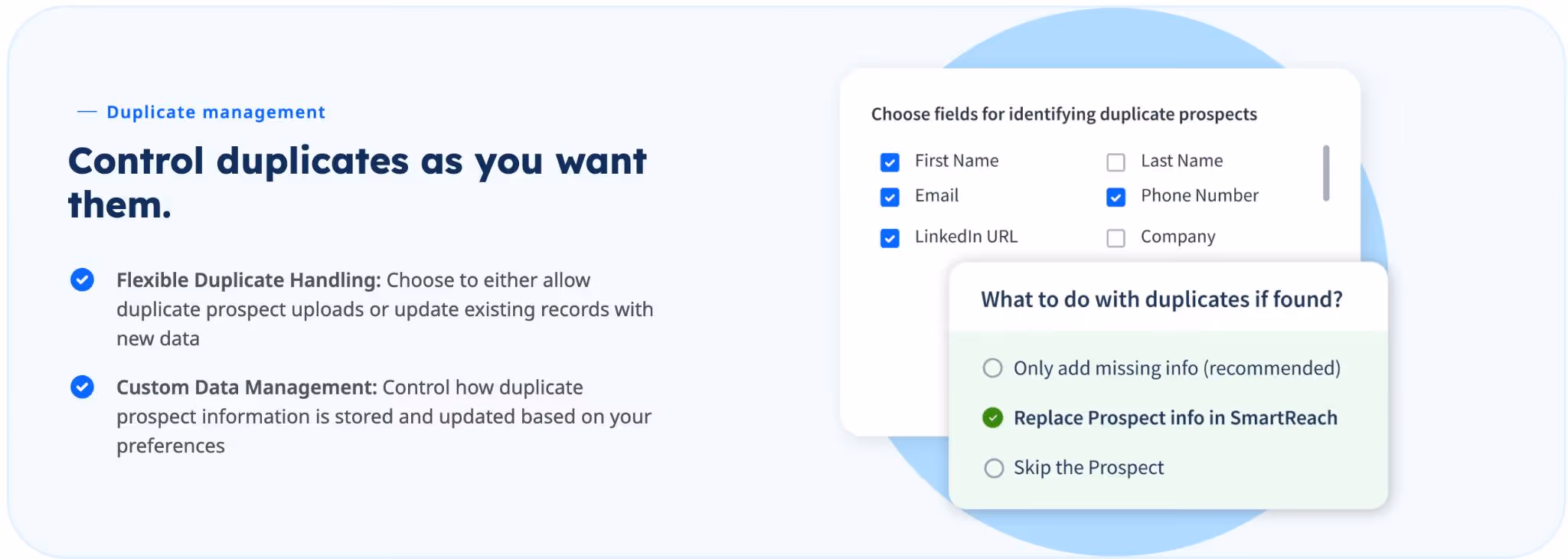 Screenshot of duplicate management settings with options to control duplicates and choose fields for identifying duplicate prospects.