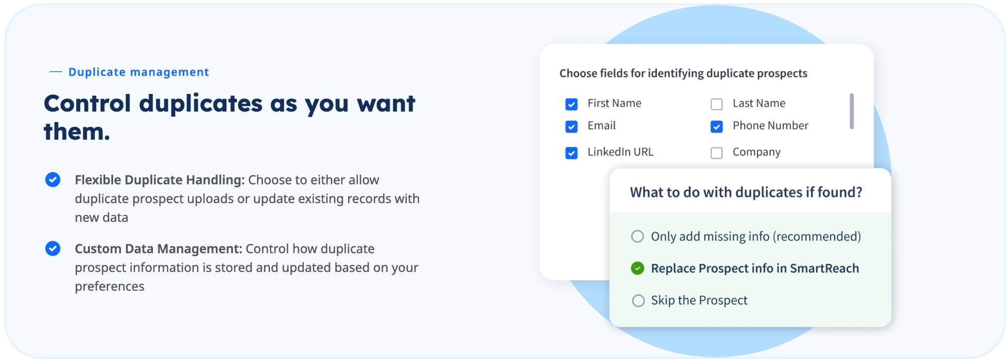 Screenshot of duplicate management settings with options to control duplicates and choose fields for identifying duplicate prospects.