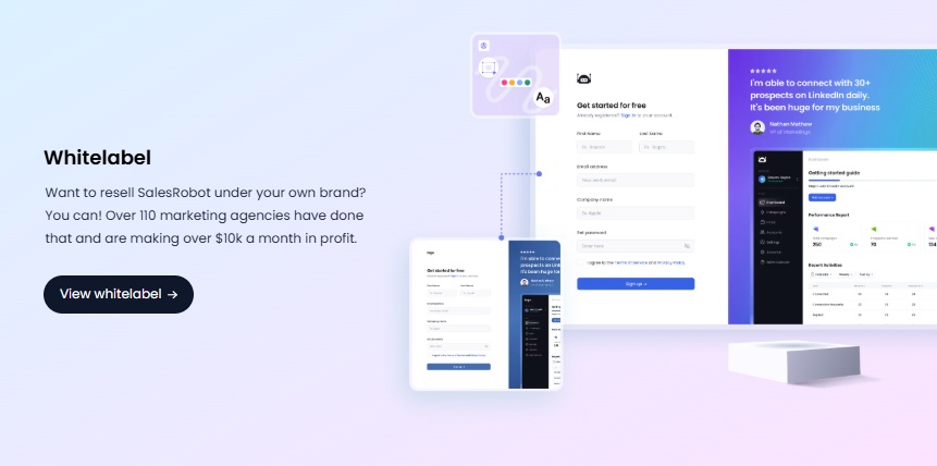 SalesRobot whitelabel feature page with sign-up form