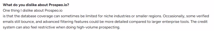  Text asking "What do you dislike about Prospeo.io?" with a more detailed response about database coverage, credit system, and filtering features.