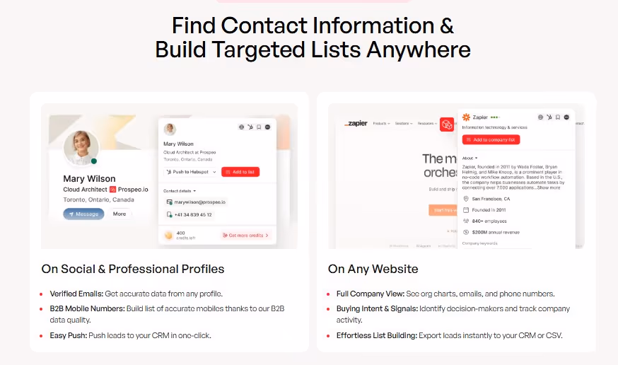 Screenshot showing how to find contact information and build targeted lists from social/professional profiles or any website.