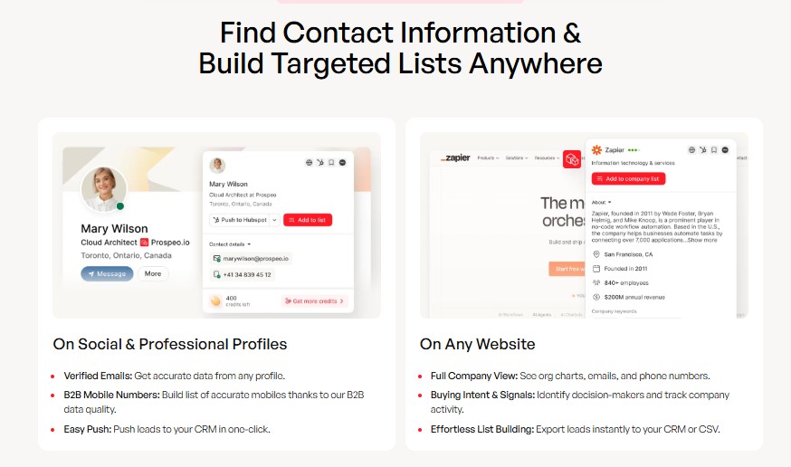 Screenshot showing how to find contact information and build targeted lists from social/professional profiles or any website.
