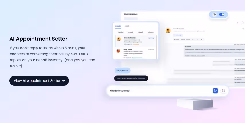 Illustration of the AI Appointment Setter feature, showing a chat interface with AI-generated replies.