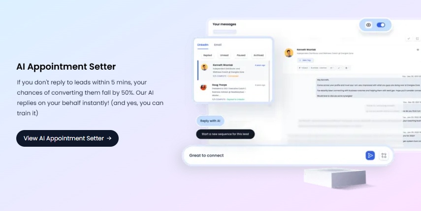 Illustration of the AI Appointment Setter feature, showing a chat interface with AI-generated replies.