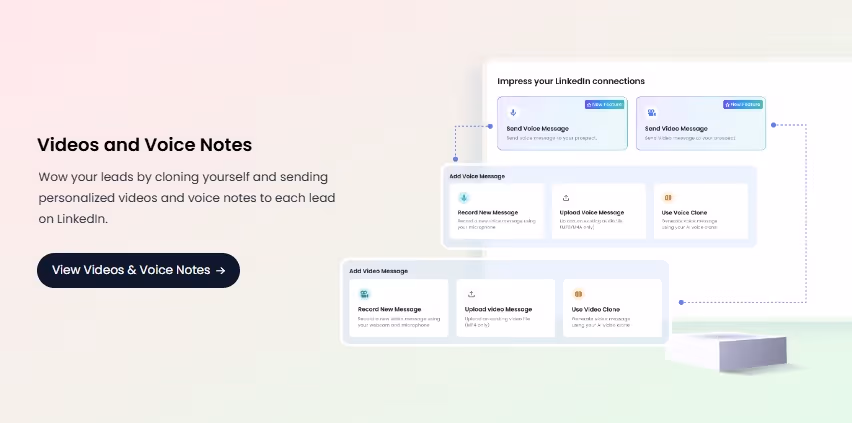 Diagram illustrating the 'Videos and Voice Notes' feature, showcasing personalized video and voice note messaging on LinkedIn