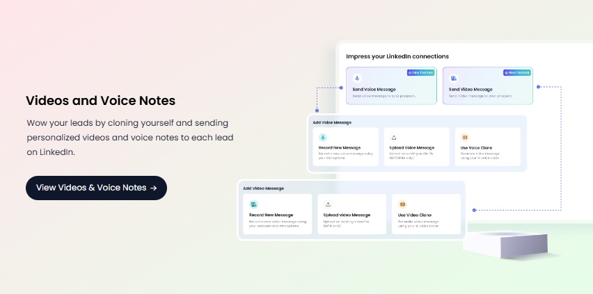 Diagram illustrating the 'Videos and Voice Notes' feature, showcasing personalized video and voice note messaging on LinkedIn
