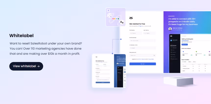 Overview of the 'Whitelabel' solution, displaying signup forms and performance reports for resellers