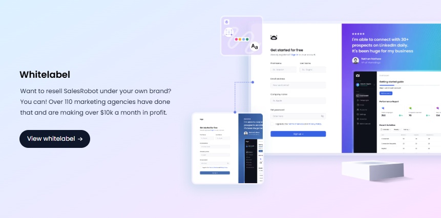 Overview of the 'Whitelabel' solution, displaying signup forms and performance reports for resellers
