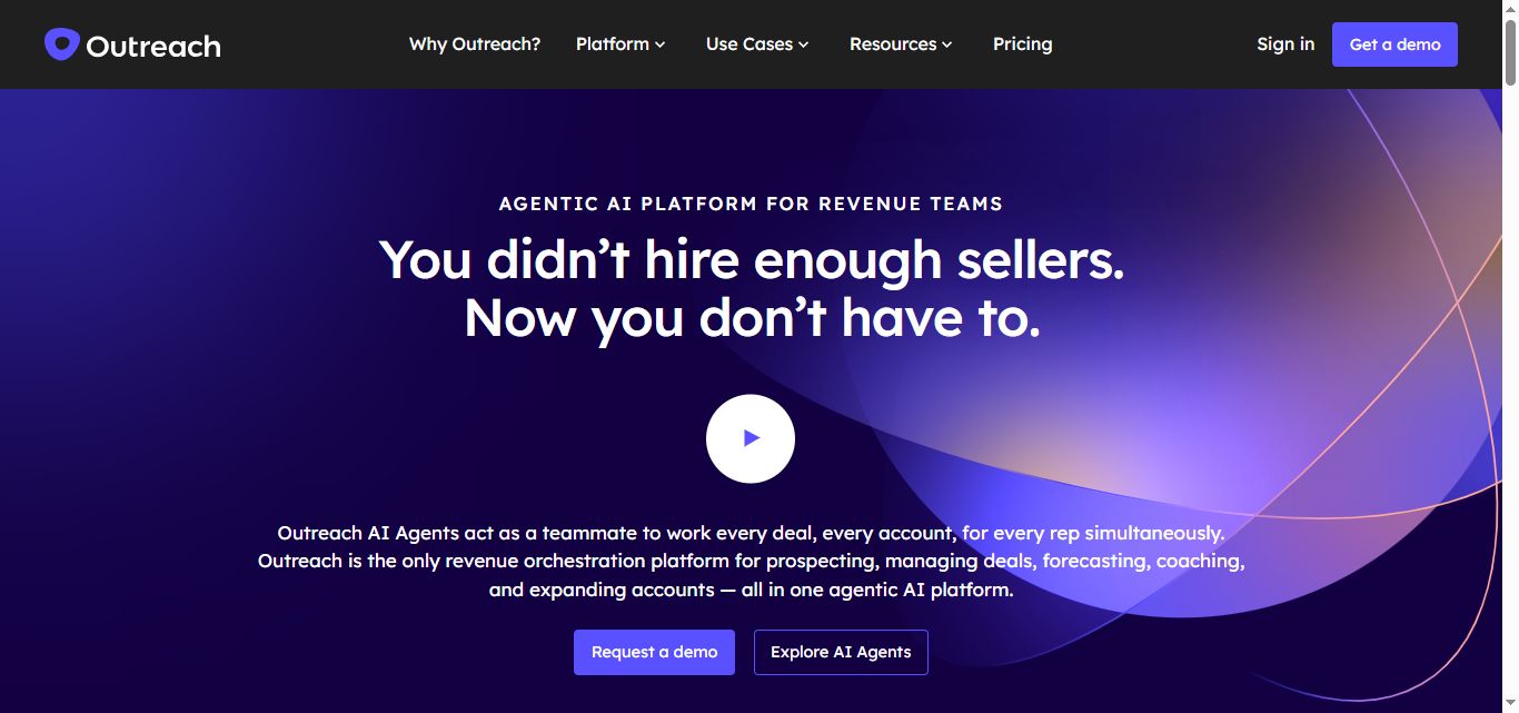 Outreach.io website hero section with headline "AI Agents for Revenue Teams"
