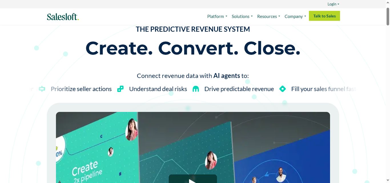 Salesloft.com website hero section with headline "Create. Convert. Close."