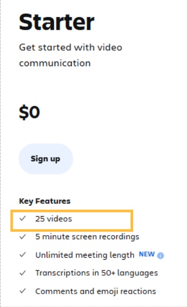 Starter plan pricing page with "25 videos" as a key feature