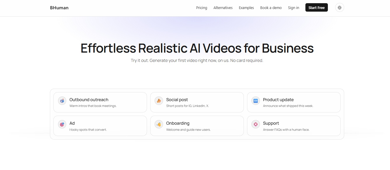 Homepage of BHuman, an AI video generation platform.