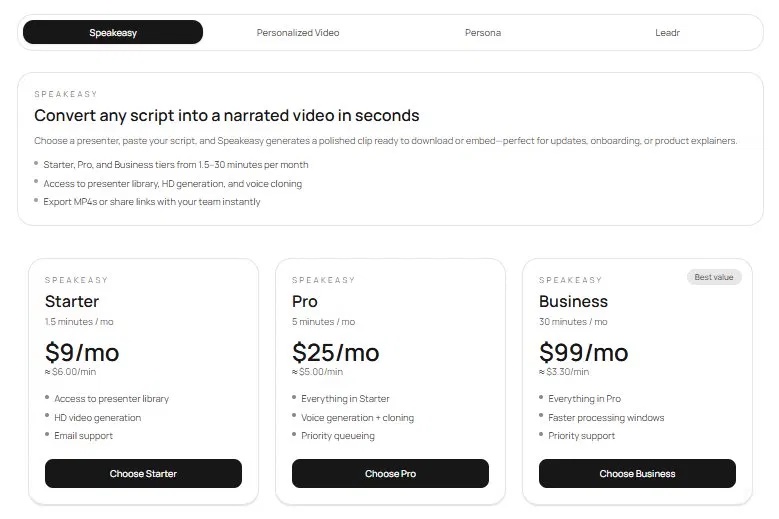 Speakeasy pricing plans: Starter, Pro, and Business.
