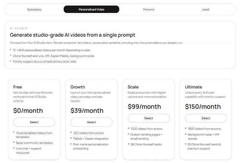 AI Studio pricing plans: Free, Growth, Scale, and Ultimate.