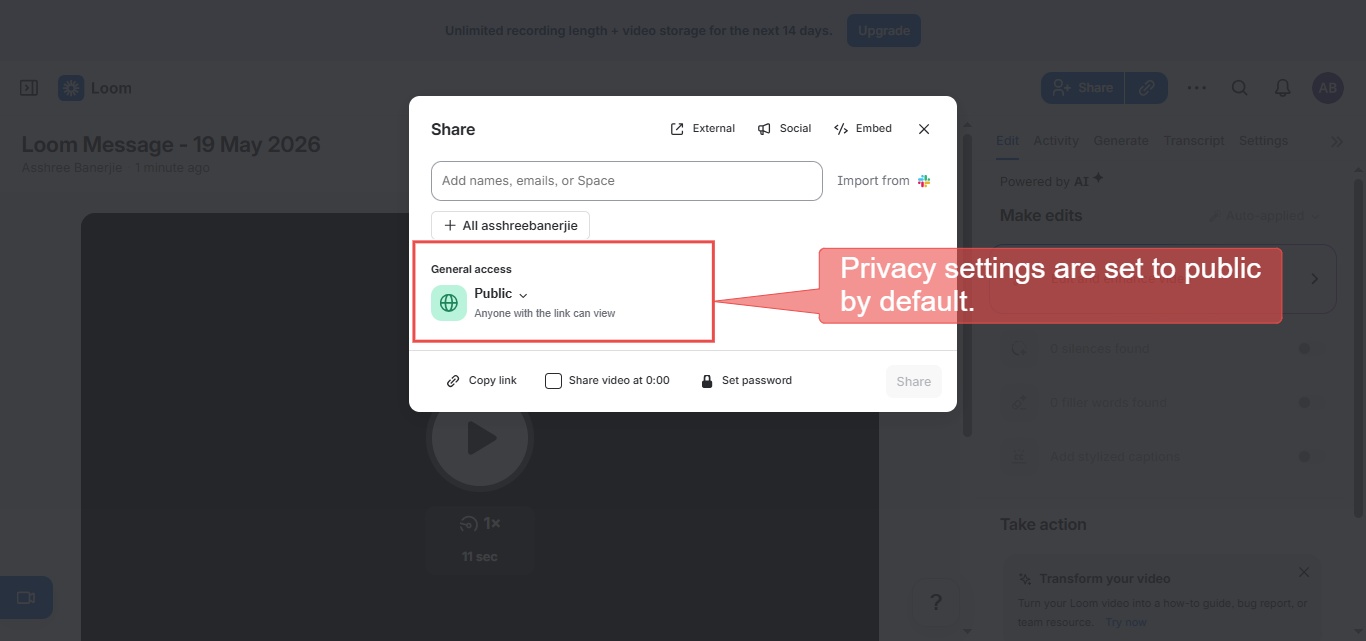 Privacy settings in Loom