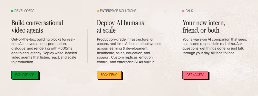 Three sections titled "Build conversational video agents," "Deploy AI humans at scale," and "Your new intern, friend, or both