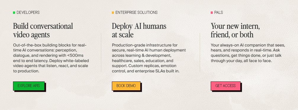 Three sections titled "Build conversational video agents," "Deploy AI humans at scale," and "Your new intern, friend, or both